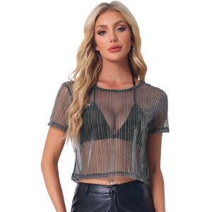 Mesh Crop Top Short Sleeve Metallic See Through Shirts Silver